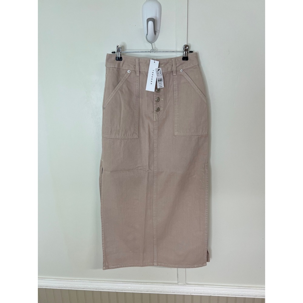 Topshop Womens Tan Denim Button Fly Midi Skirt High Rise Size 4 05T71QROS